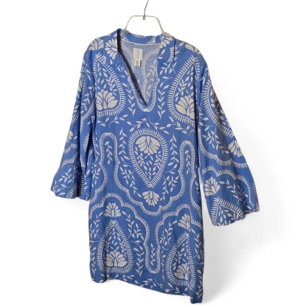 Joie Blue White Paisley Tunic Dress Size 8 Bell Sleeve Boho Resort Mini